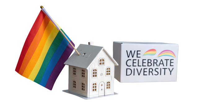Rainbow pride flag and a small white house with a sign that says we celebrate diversity, isolated on transparent background