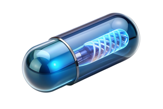Transparent Medical Capsule with Glowing Blue Helix Inside pill drug cutout png AI isolated on a transparent background - Powered by Adobe
