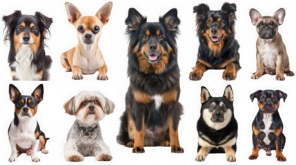 A collection of ten diverse dog breeds, each uniquely adorable, isolated on transparent background