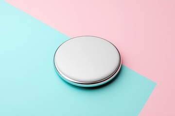 A minimalist round mirror rests on a pastel blue and pink backdrop, creating a modern and stylish aesthetic.