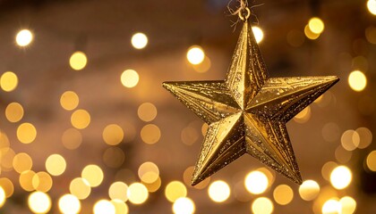 Golden star ornament against a bokeh background of warm lights