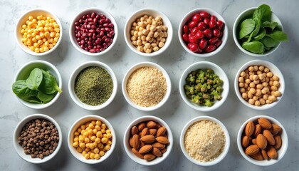Flat lay of vegan health foods collection protein, vitamins, minerals, antioxidants, fiber, omega 3, smart carbs. Ethical food concept, top view. Ingredients include beans, lentils, nuts, seeds,