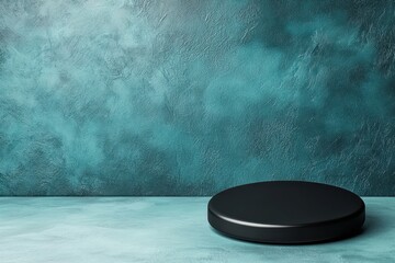 A minimalist scene featuring a black circular platform against a textured turquoise wall, evoking a modern and artistic ambiance.