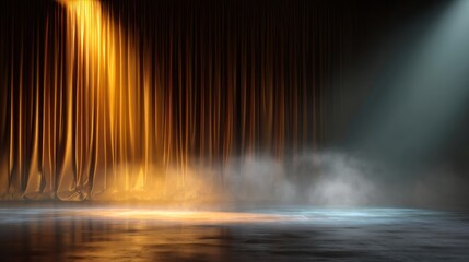 Dramatic stage backdrop with golden curtains spotlights and smoky atmosphere creates anticipation