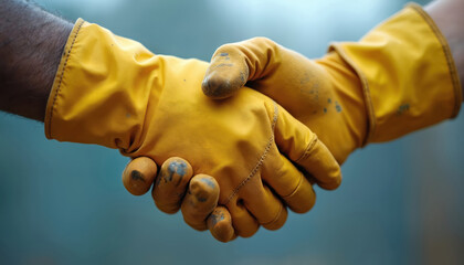 Close-up of two hands wearing soiled yellow work gloves shake firmly. Blurred outdoor background. Symbolizes partnership, agreement, trust, and collaboration in industry and manual labor settings.