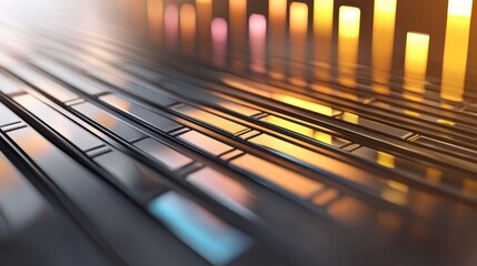A close-up view of a sleek, reflective surface with colorful lights creating an abstract, futuristic atmosphere.