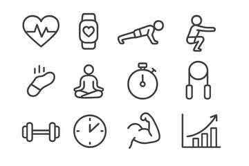 Fitness Icon Collection. Line style icons of gym and home training: heartbeat, activity band, push-up icon, squat; step counter,