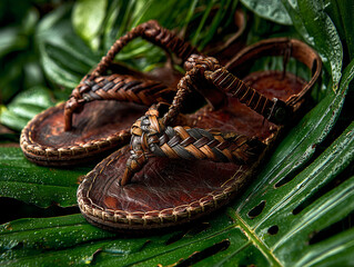pair of sandals on a flat tropical leaf background
