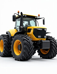 Yellow tractor with large black, yellow tires, fully visible from front to back. Agricultural machine features heavy-duty wheels, powerful engine, standing isolated against clean white background.