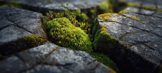 Moss Growing Between Weathered Stones