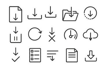 Download Management Icons. Line style icons of download management: file with arrow, download button, download folder, pending