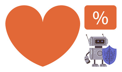 Robot holding shield beside red heart and percentage sign. Ideal for healthcare, technology, AI, data protection, digital innovation, cybersecurity, and safety. Simple flat metaphor