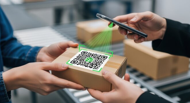 Closeup medium shot of hands exchanging packages with blockchain QR code scanning emphasizing accountability and secure tracking in logistics.