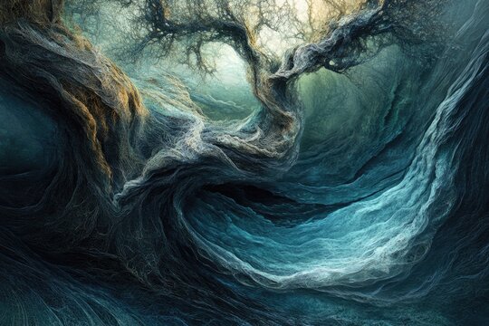 Abstract fractal art depicting a swirling, ethereal tree with teal and grey hues, creating a mystical and dreamlike scene.