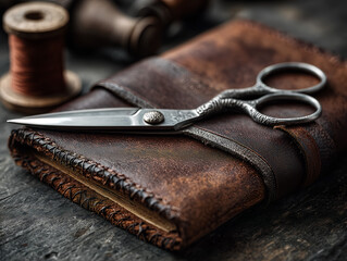 old scissors on top of closed notebook