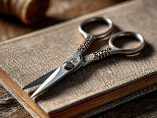old scissors on top of closed notebook