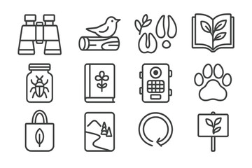 Nature Observation Icons. Line style icons of wildlife and nature interaction: binoculars, bird call, animal tracks, plant guide;