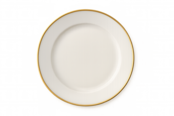 Elegant round porcelain plate with gold trim, on clear background, perfect for presenting gourmet dishes