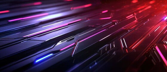 A vibrant digital landscape with sleek lines and illuminated patterns in shades of purple and red, creating a futuristic, tech-inspired atmosphere.