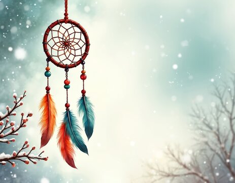 Watercolor dreamcatcher with colorful feathers hangs on snowy winter background. Intricate web design, beads, hanging elements symbolize protection, good luck, peaceful sleep. Native