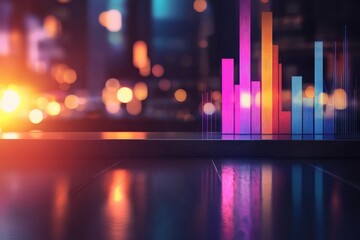 A vibrant digital visualization featuring colorful bars against a blurred urban backdrop, evoking a sense of modern technology and data analysis.