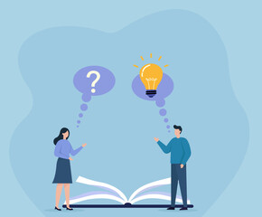 Curiosity meets insight—two figures exchange ideas over an open book, symbolizing learning, problem-solving, and collaboration