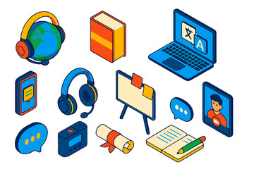 Tech Tools for Learning. Isometric vector illustration set language, learning, and tech tools: globe with headphones, dictionary,