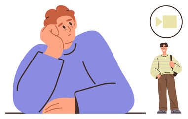 Thoughtful seated man leans on hand, accompanied by another standing casual figure on right with backpack. Minimal video play icon adds tech element. Ideal for reflection, casual meetings, online