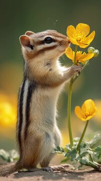 Chipmunk playing with a buttercup 