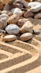 Smooth stones on light beige sand with patterns