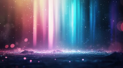 A vibrant, ethereal scene featuring vertical light beams in various colors, shimmering particles, and a mystical atmosphere.
