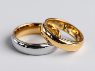 two wedding rings one gold, one silver on white background