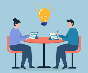 Two teammates co-create ideas at a digital table, sparking innovation under a glowing bulb of shared creativity
