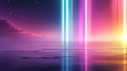 A vibrant digital artwork featuring colorful vertical beams of light against a serene ocean and starry night sky.