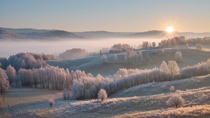 Winter morning landscape with frosted trees and sunrise