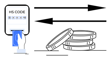 Fototapeta premium Hand inserting card into HS code interface, stacked coins, and directional arrows. Ideal for trade, commerce, customs, logistics, finance payment and economy concepts. Simple flat metaphor