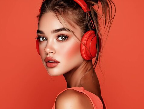 Georgous woman wearing modern headphone