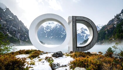 Mountain lake view through abstract forms