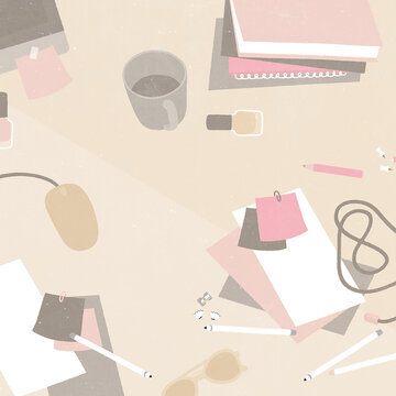 Messy Desk of a Business Woman, Office Workspace Cluttered with Documents, Laptop, Coffee Cup, Stationery and Papers, Busy Professional Lifestyle, Corporate Stress and Workload Concept