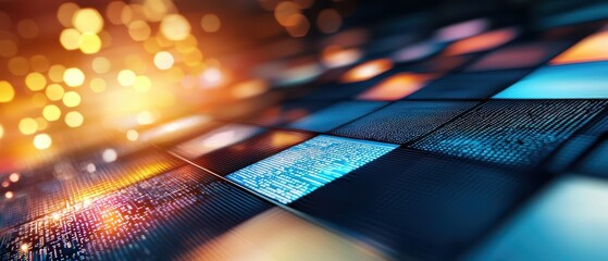 A vibrant, abstract image featuring colorful digital squares with a blurred, glowing background, evoking a sense of technology and innovation.