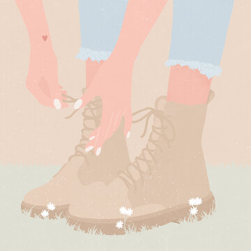 Close-Up of Young Woman Tying Shoelaces Before a Nature Walk, Mindfulness, Mental Wellness, and Grounding Practice