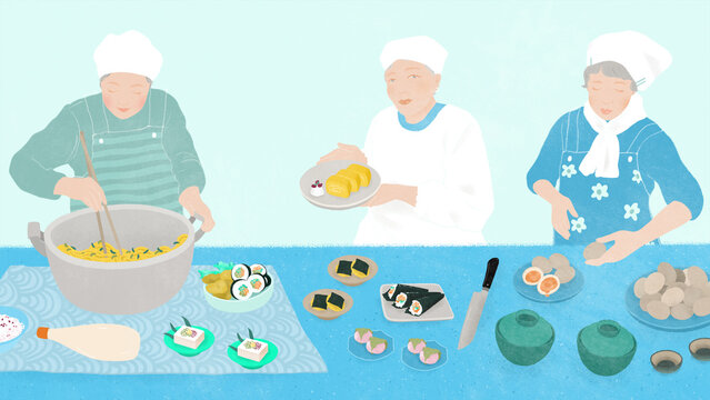 Group of Elderly Women in Japan Cooking Traditional Dishes, Celebrating Culinary Culture, Authentic Flavors, and Food Preparation Rituals