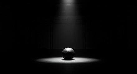 Medicine ball centered under a bright spotlight in an empty dark gym, dramatic contrast symbolizing strength, focus, and endurance, no humans.