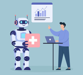 Friendly robot and human collaborate on healthcare data, blending empathy, tech, and teamwork in a modern, educational setting