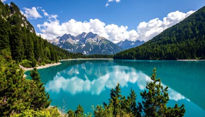 Mountain lake, vibrant colors, serene view