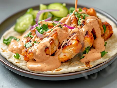 Grilled chicken shawarma with sauce on a pita