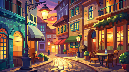 Fototapeta premium Charming cobblestone street lined with vintage lanterns and cozy cafés, warm evening glow creating a romantic, timeless atmosphere.