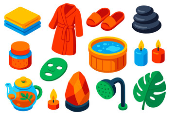 Spa Essentials Icons. Isometric vector illustration set Spa essentials: folded towels, bathrobe, slipper set, spa stones, body