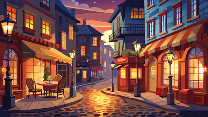 Fototapeta premium Charming cobblestone street lined with vintage lanterns and cozy cafés, warm evening glow creating a romantic, timeless atmosphere.