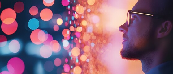 A side profile of a man in glasses, surrounded by colorful bokeh lights, creating a dreamy, contemplative atmosphere.